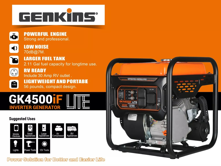 Genkins 4500-Watt Open Frame Inverter Generator 30 Amp Pure Sine Wave Low Noise